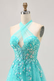 Sparkly Green Halter Short Corset Homecoming Dress with Appliques