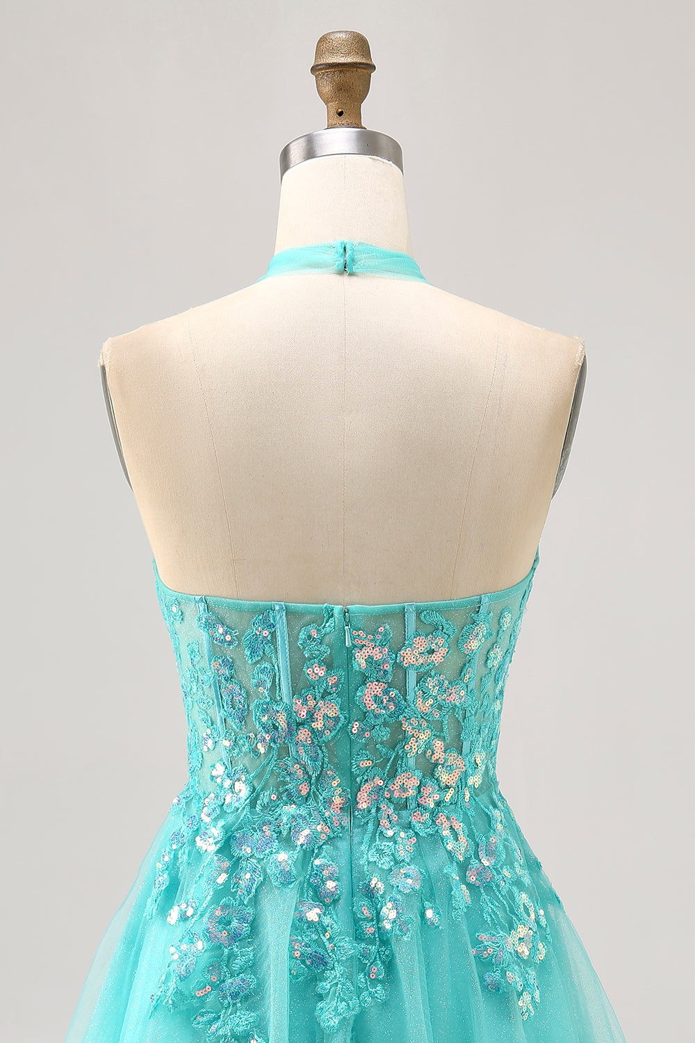 Sparkly Green Halter Short Corset Homecoming Dress with Appliques