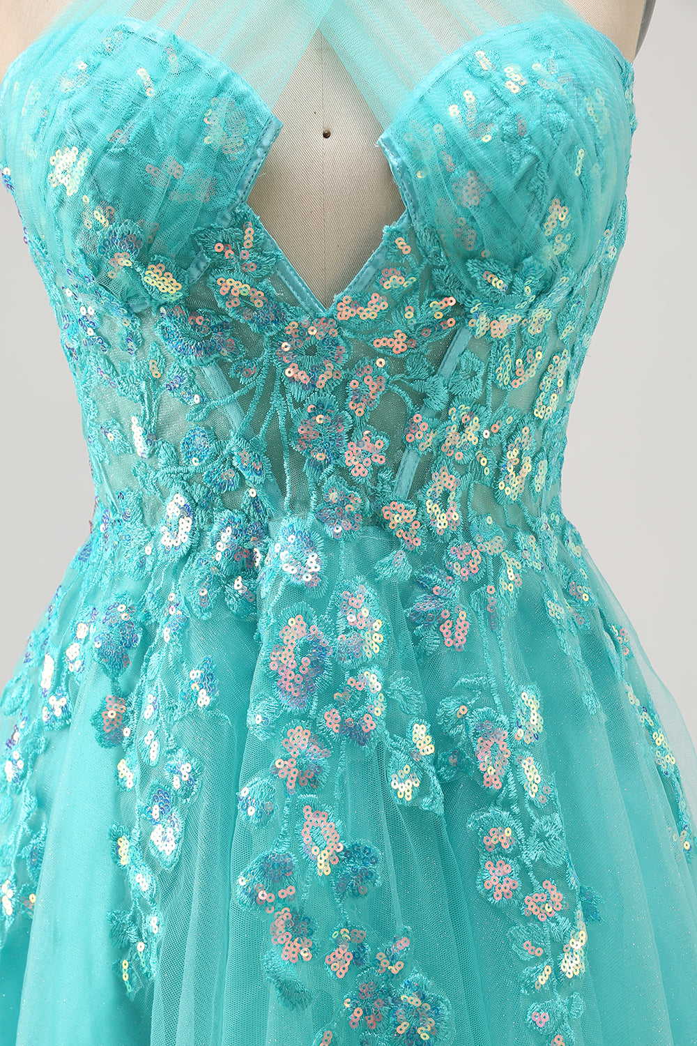 Sparkly Green Halter Short Corset Homecoming Dress with Appliques