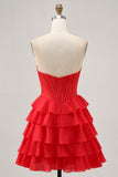 Sparkly Red Corset Short Tiered Homecoming Dress with Beading