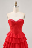 Sparkly Red Corset Short Tiered Homecoming Dress with Beading