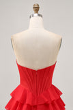 Sparkly Red Corset Short Tiered Homecoming Dress with Beading