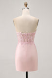 Blush Corset Tight Satin Floral Short Homecoming Dress with Lace