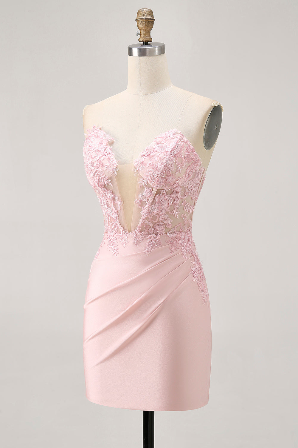Blush Corset Tight Satin Floral Short Homecoming Dress with Lace