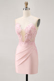 Blush Corset Tight Satin Floral Short Homecoming Dress with Lace