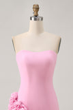Pink Strapless Satin Tight Short Homecoming Dress with 3D Flowers