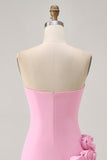 Pink Strapless Satin Tight Short Homecoming Dress with 3D Flowers