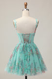 Sparkly Green Corset Floral A Line Short Homecoming Dress with Sequins
