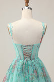 Sparkly Green Corset Floral A Line Short Homecoming Dress with Sequins