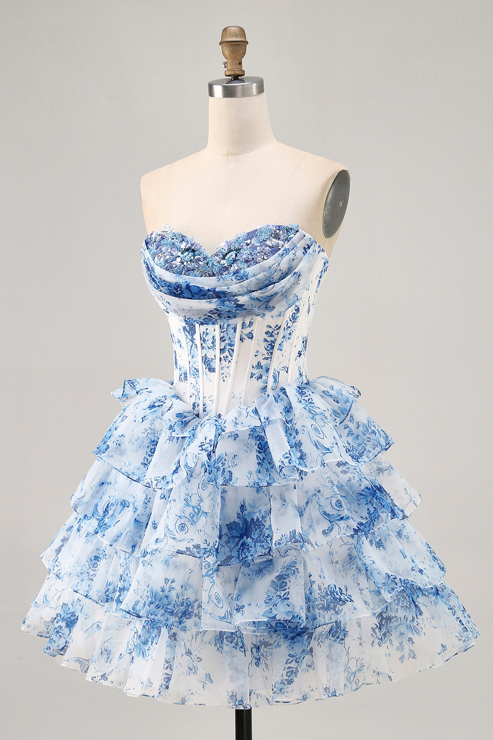 Zapaka Women Sparkly White Blue Flower Homecoming Dress Corset Tiered Printed Strapless Sequins A Line Short Prom Dress, White Blue Flower / UK12