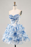 Sparkly White Blue Flower Corset A Line Short Homecoming Dress with Ruffles