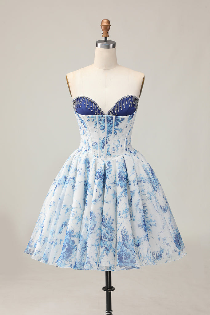 Zapaka Women Sparkly White and Blue Floral Corset Short Homecoming