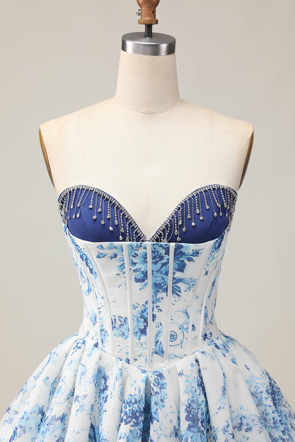 Zapaka Women Sparkly White and Blue Floral Corset Short Homecoming