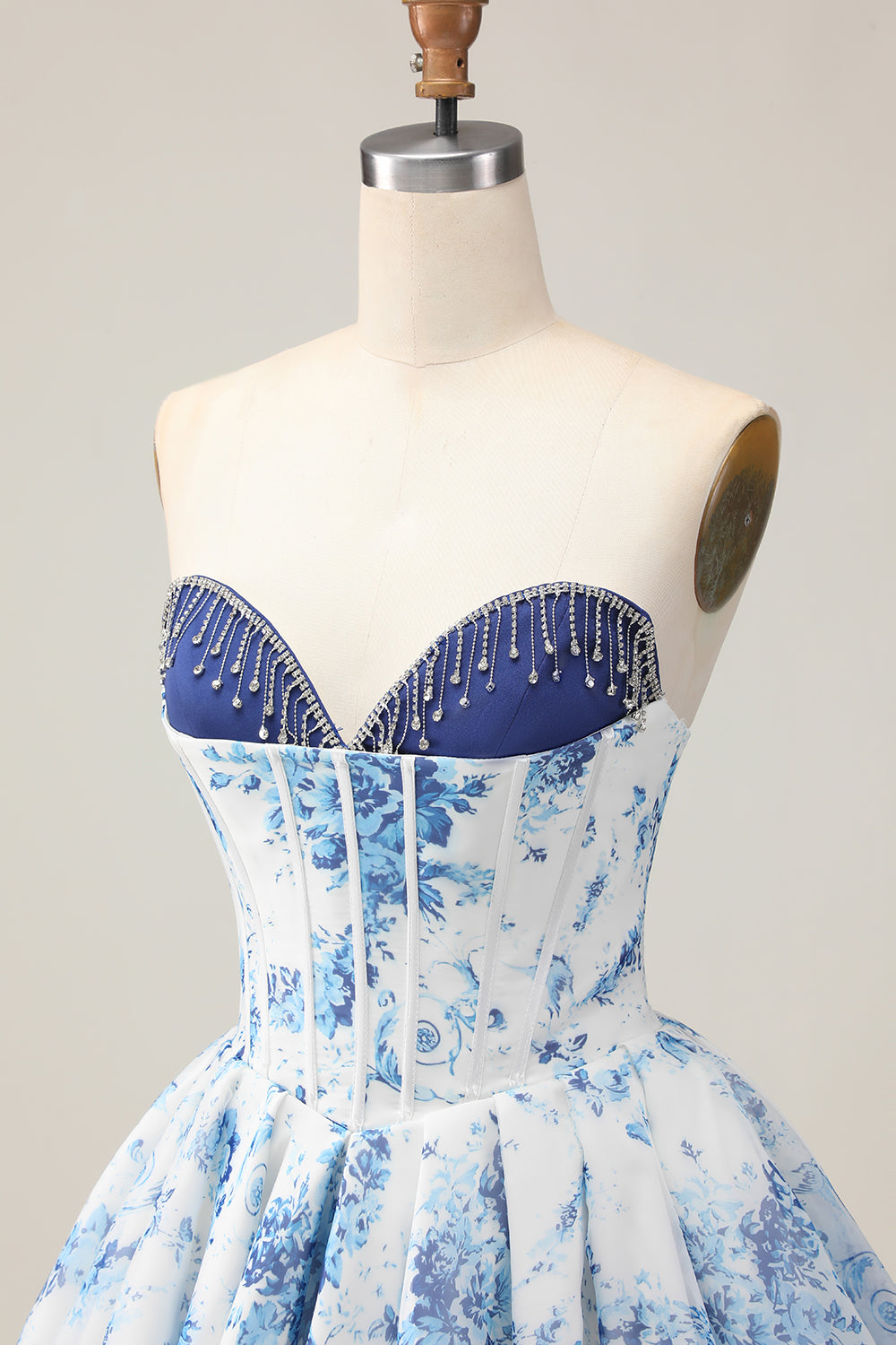 Zapaka Women Sparkly White and Blue Floral Corset Short Homecoming