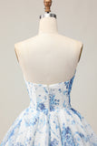 Sparkly White and Blue Floral Corset Short Homecoming Dress with Beading