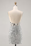 Sparkly Silver Sequins Corset V-Neck Short Mirror Homecoming Dress