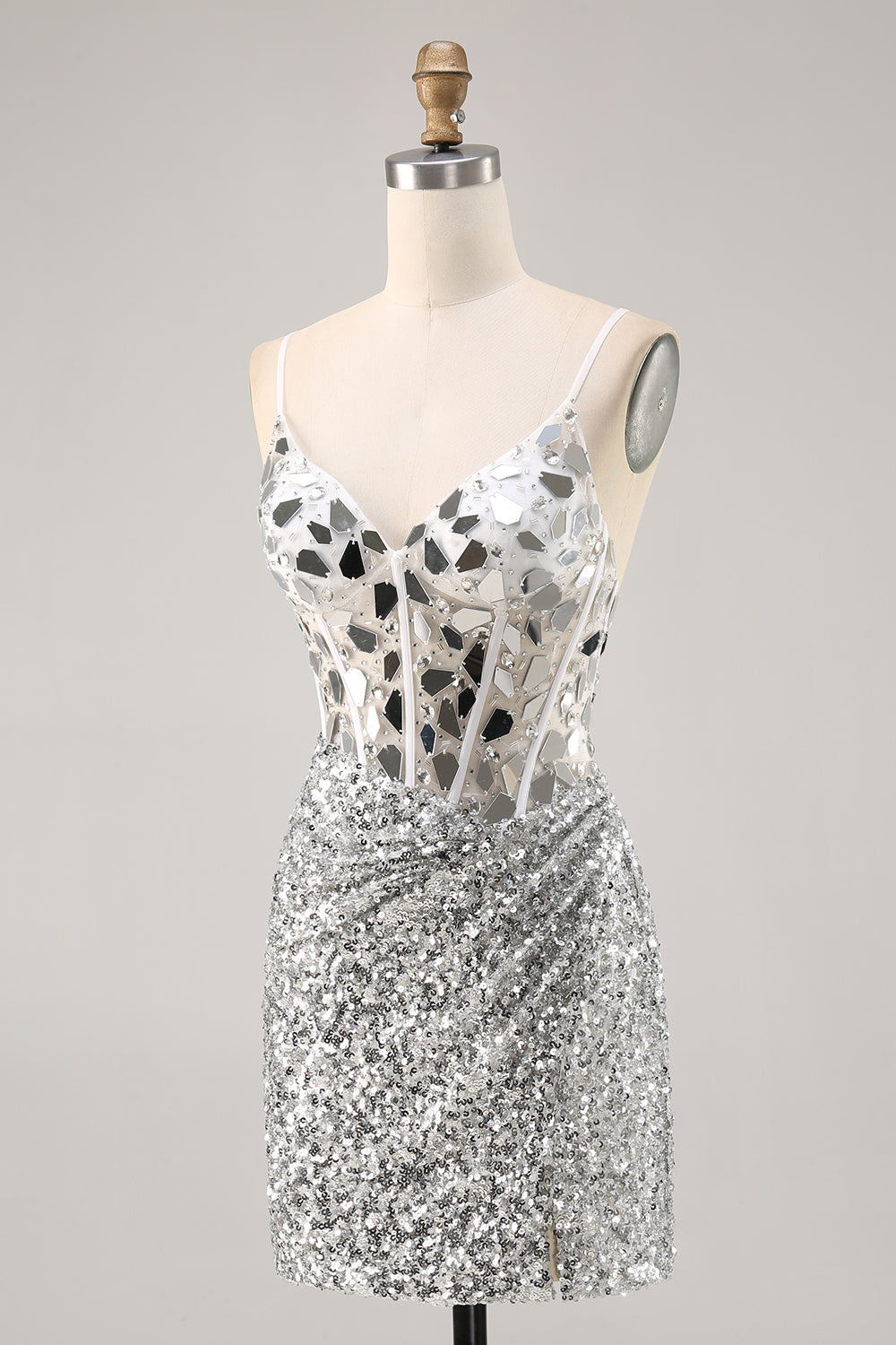 Sparkly Silver Sequins Corset V-Neck Short Mirror Homecoming Dress