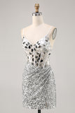 Sparkly Silver Sequins Corset V-Neck Short Mirror Homecoming Dress