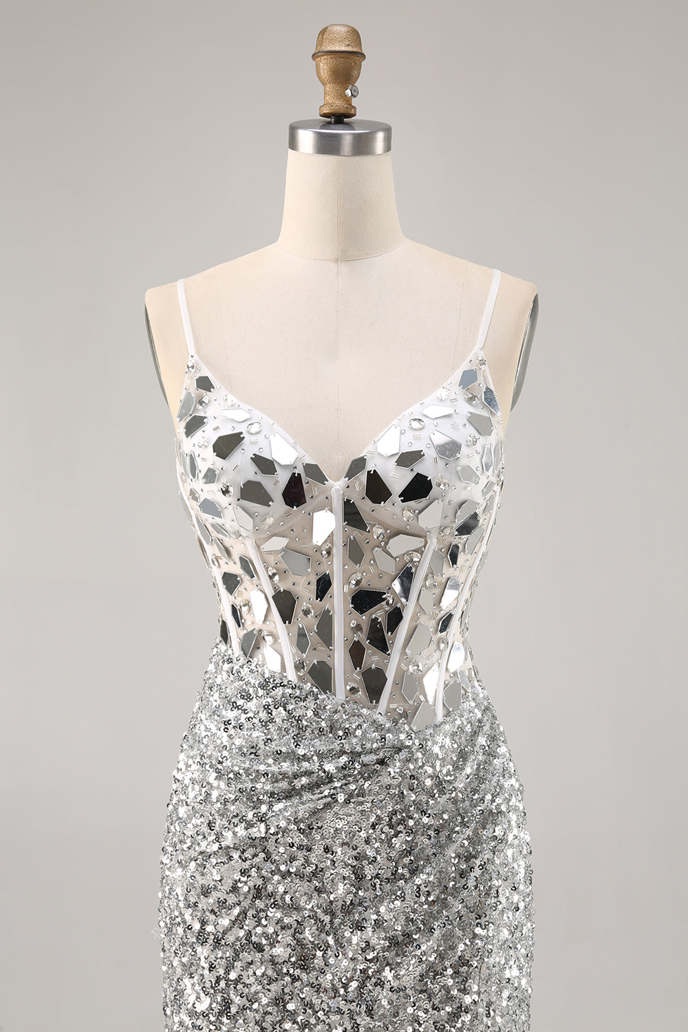 Sparkly Silver Sequins Corset V-Neck Short Mirror Homecoming Dress