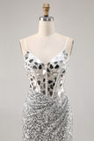 Sparkly Silver Sequins Corset V-Neck Short Mirror Homecoming Dress