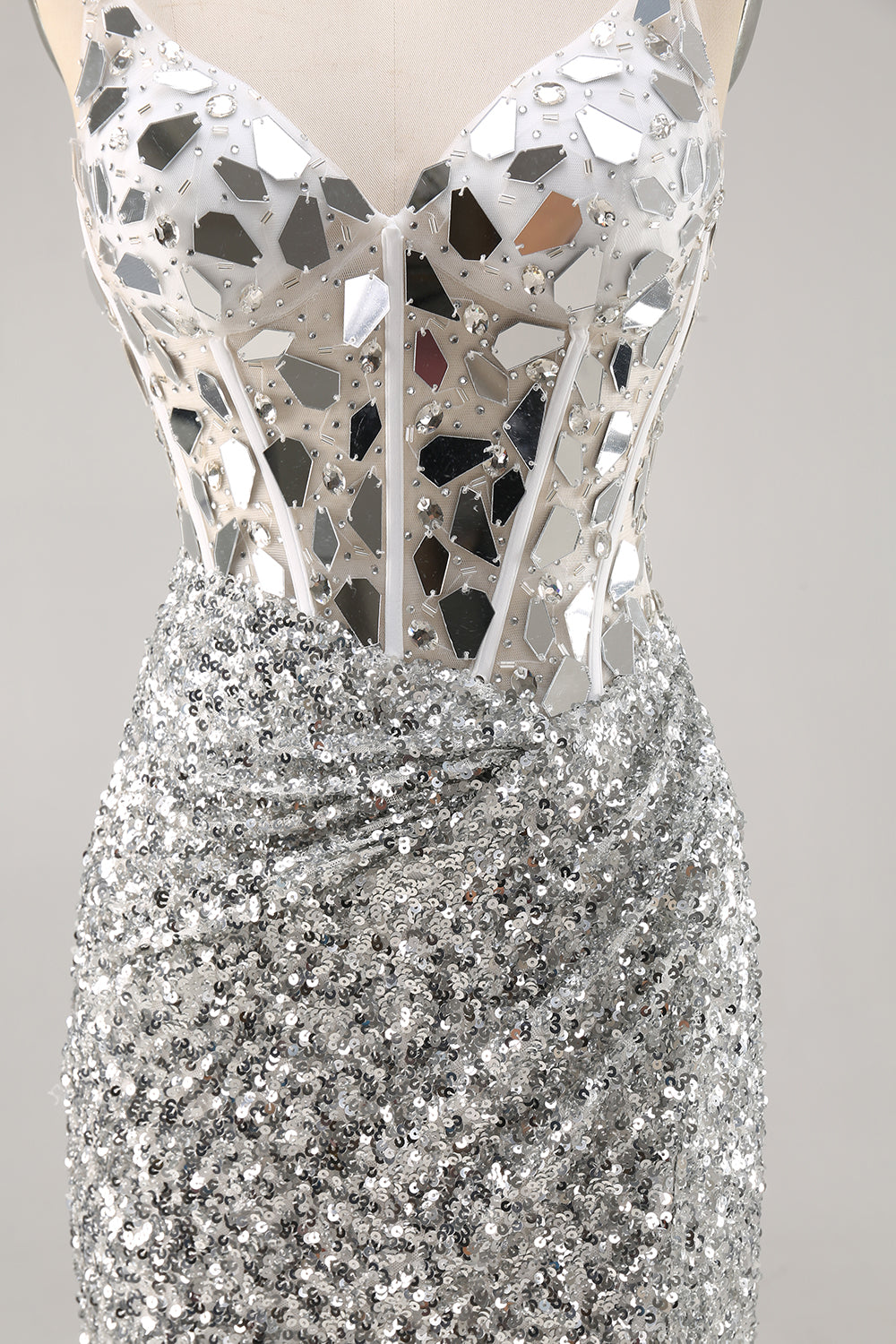 Sparkly Silver Sequins Corset V-Neck Short Mirror Homecoming Dress