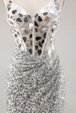 Sparkly Silver Sequins Corset V-Neck Short Mirror Homecoming Dress