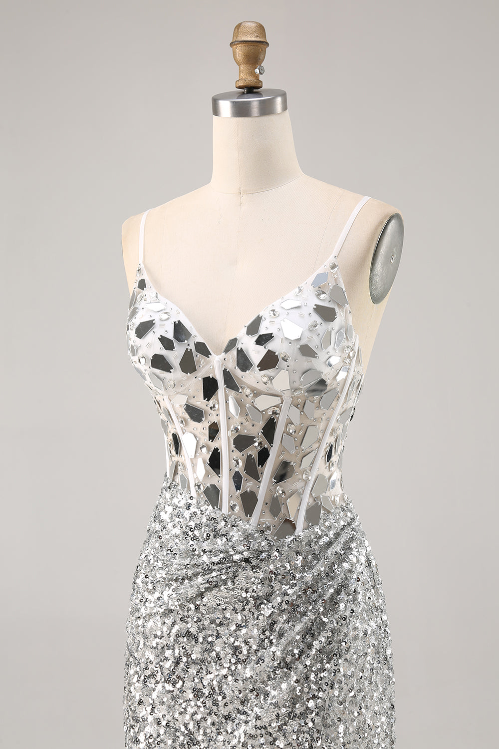 Sparkly Silver Sequins Corset V-Neck Short Mirror Homecoming Dress