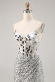 Sparkly Silver Sequins Corset V-Neck Short Mirror Homecoming Dress