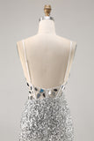 Sparkly Silver Sequins Corset V-Neck Short Mirror Homecoming Dress