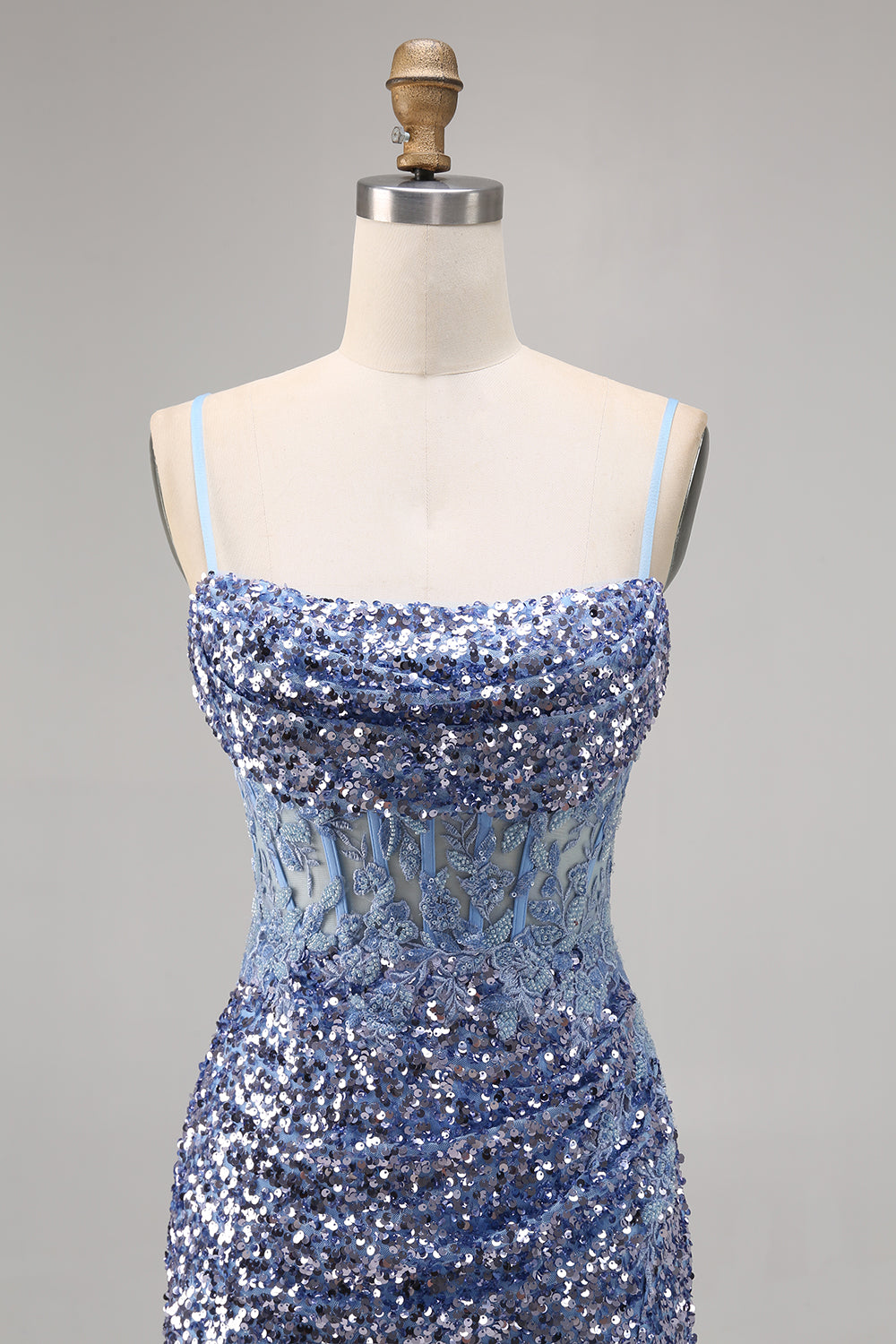 Sparkly Grey Blue Corset Sequins Tight Short Homecoming Dress with Slit