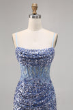 Sparkly Grey Blue Corset Sequins Tight Short Homecoming Dress with Slit