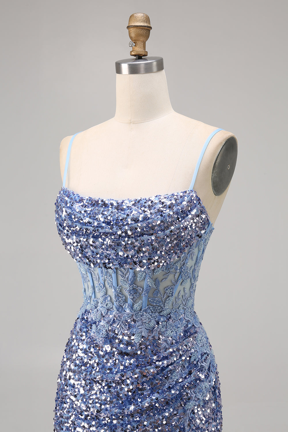 Sparkly Grey Blue Corset Sequins Tight Short Homecoming Dress with Slit