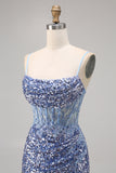 Sparkly Grey Blue Corset Sequins Tight Short Homecoming Dress with Slit