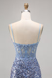 Sparkly Grey Blue Corset Sequins Tight Short Homecoming Dress with Slit