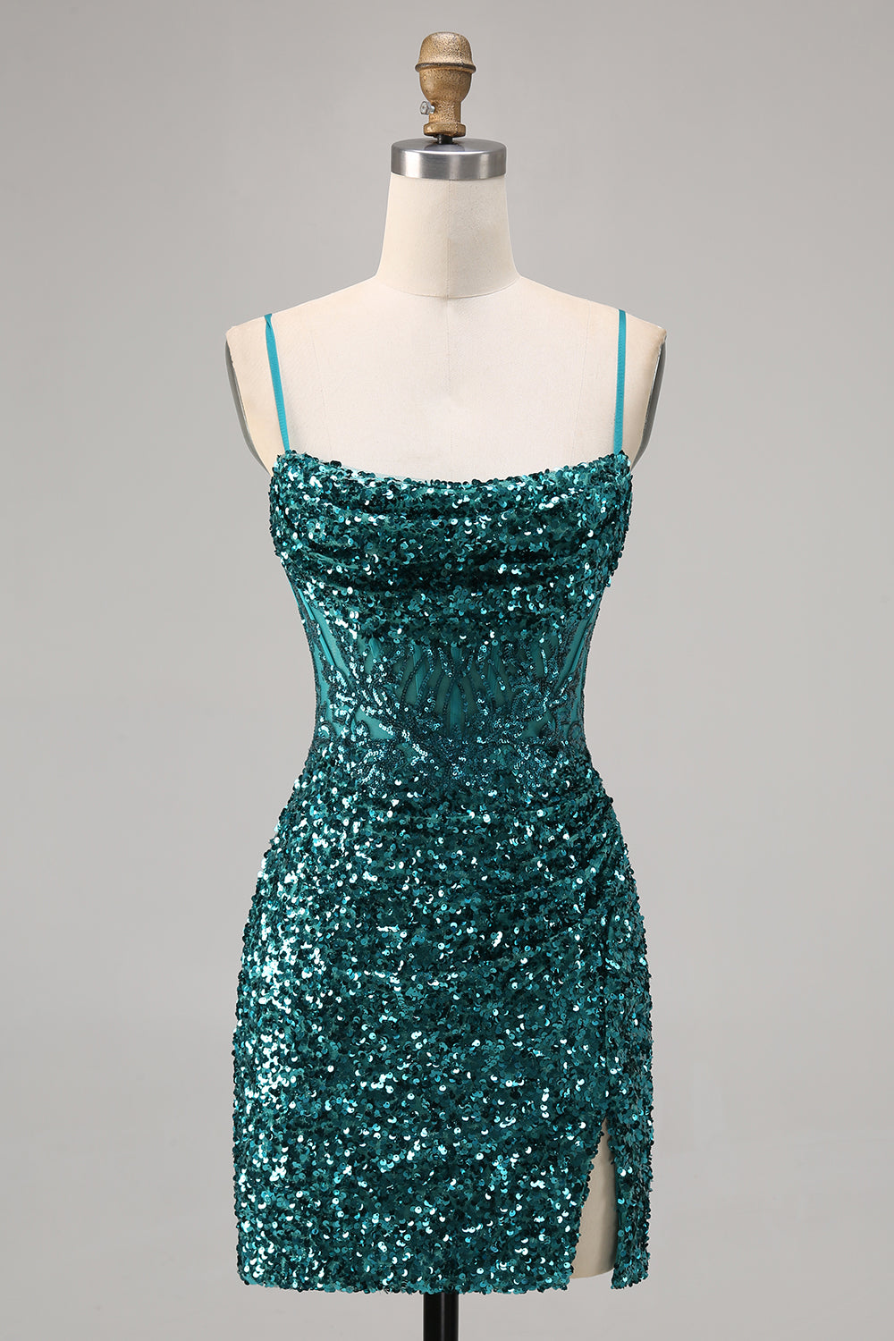 Sparkly Grey Blue Corset Sequins Tight Short Homecoming Dress with Slit