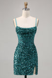 Sparkly Grey Blue Corset Sequins Tight Short Homecoming Dress with Slit
