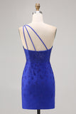 Sparkly Royal Blue One Shoulder Tight Short Homecoming Dress with Slit