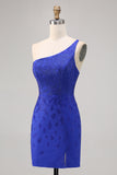 Sparkly Royal Blue One Shoulder Tight Short Homecoming Dress with Slit