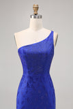 Sparkly Royal Blue One Shoulder Tight Short Homecoming Dress with Slit