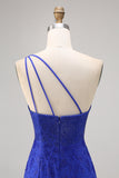 Sparkly Royal Blue One Shoulder Tight Short Homecoming Dress with Slit