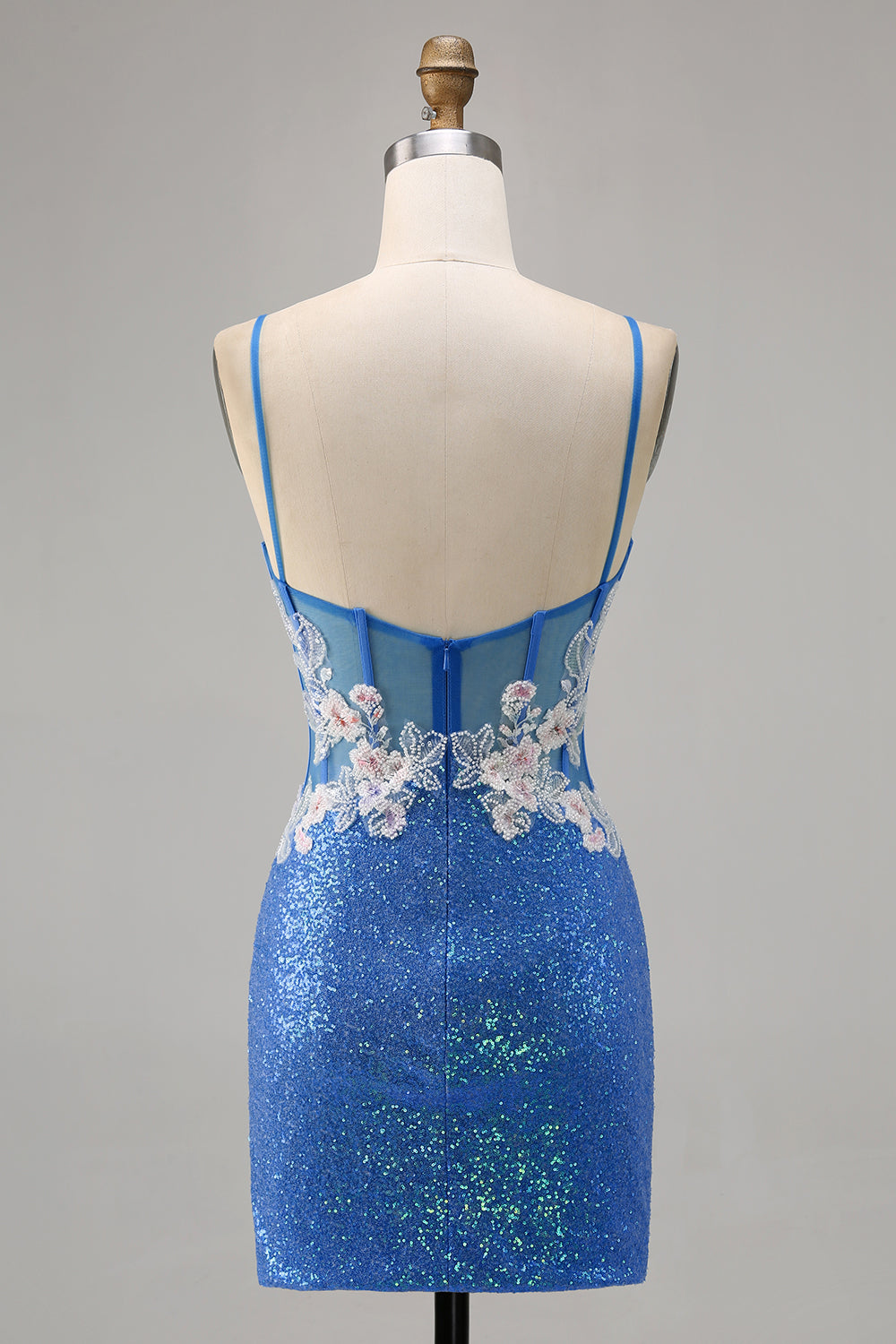 Sparkly Blue Spaghetti Straps Floral Short Homecoming Dress with Slit