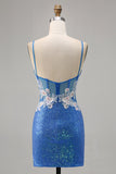 Sparkly Blue Spaghetti Straps Floral Short Homecoming Dress with Slit