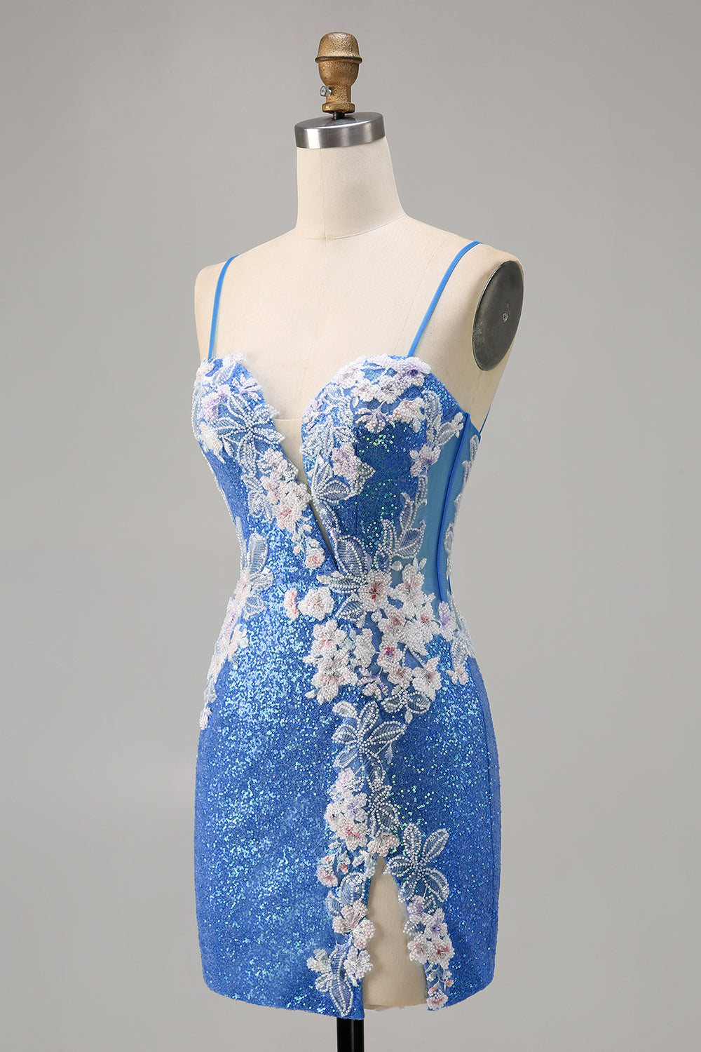 Sparkly Blue Spaghetti Straps Floral Short Homecoming Dress with Slit