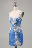 Sparkly Blue Spaghetti Straps Floral Short Homecoming Dress with Slit