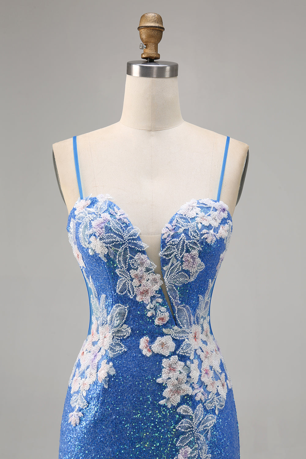 Sparkly Blue Spaghetti Straps Floral Short Homecoming Dress with Slit