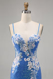 Sparkly Blue Spaghetti Straps Floral Short Homecoming Dress with Slit