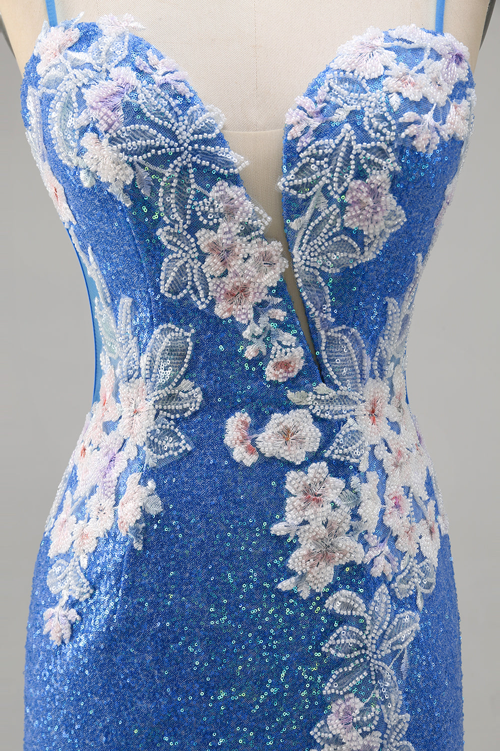Sparkly Blue Spaghetti Straps Floral Short Homecoming Dress with Slit