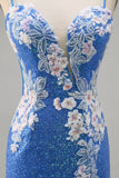 Sparkly Blue Spaghetti Straps Floral Short Homecoming Dress with Slit