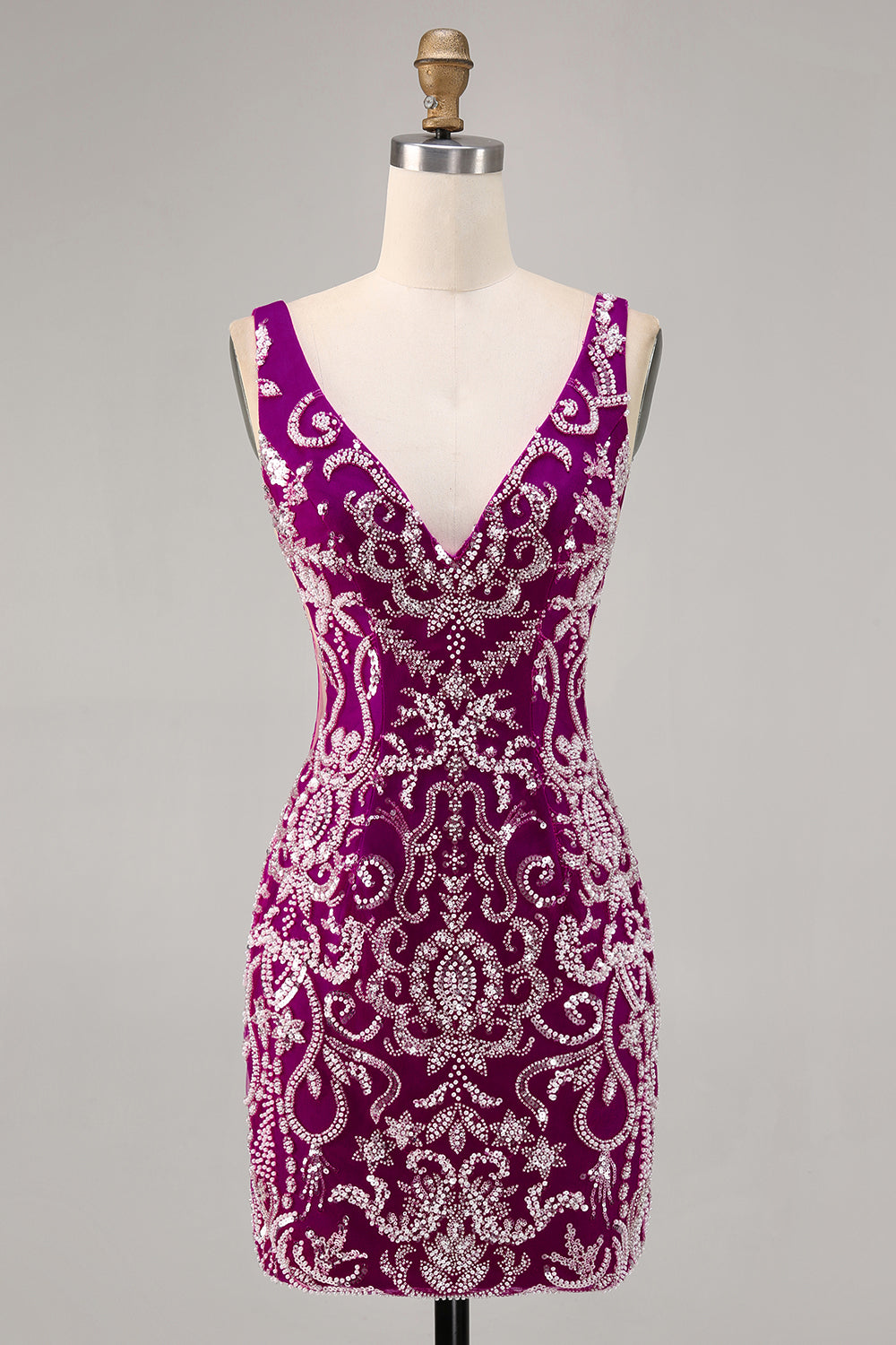 Sparkly Fuchsia V-Neck Tight Short Homecoming Dress with Beading