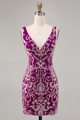 Sparkly Fuchsia V-Neck Tight Short Homecoming Dress with Beading